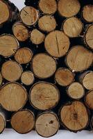 Cylindrical wood logs stacked together in a rustic arrangement creating a natural backdrop photo