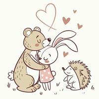 A tender scene unfolds with a cuddly bear embracing a sweet rabbit, both surrounded by floating hearts, all under the watchful eye of a curious hedgehog. vector