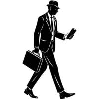 Silhouette of a Businessman Walking and Using Mobile Device vector