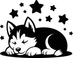 A black and white dog sleeping on the ground with stars vector