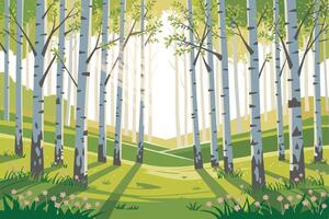A cartoon illustration of a forest with trees and grass vector
