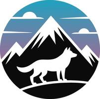 A wolf is standing on a mountain with the sun in the background vector
