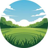 A green field with trees and clouds in the background vector