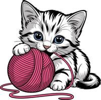 Kitten playing with ball of yarn vector