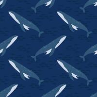 Seamless pattern with blue whale on deep background. For seafood themes, packaging and textile designs. vector