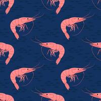 Seamless pattern with cartoon shrimp on deep blue background. For seafood themes, packaging and textile designs. vector