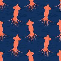 Seamless pattern with cartoon squid on deep blue background. For seafood themes, packaging and textile designs. vector