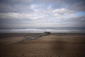 Man walks dog by storm overflow on Majuba Beach in Redcar northern England photo