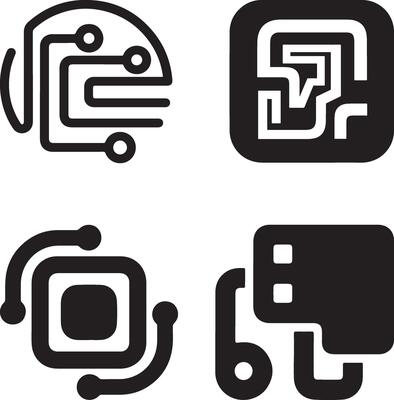 Four Modern Technology Icons Representing Circuitry and Devices