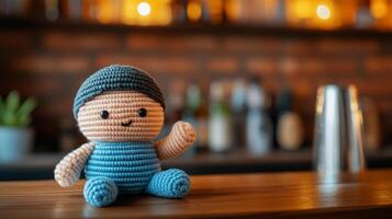 Cute Handcrafted Crochet Doll Sitting on a Bar Counter with Soft Blurred Background photo