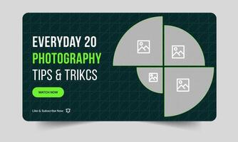 Daily photography tips and tricks thumbnail banner design, daily photography learning tips and techniques cover banner design, editable eps 10 file format vector