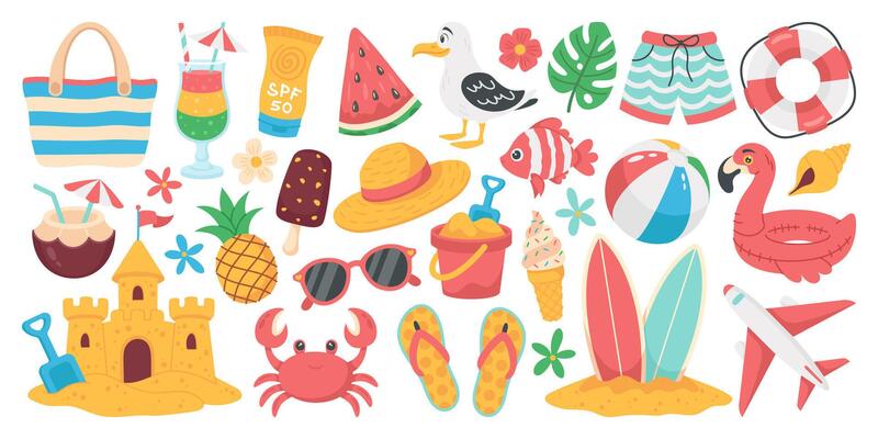 Summer elements set. Summer vacation, holiday, travel, vacation, objects. Flat style hand drawn illustration