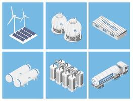 Isometric illustration of hydrogen production storage and distribution process including renewable energy source fuel cells and transport infrastructure vector