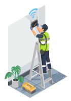Technician installing a WiFi router on an interior wall of a modern home or office while standing on a ladder and wearing safety gear isometric isolated vector