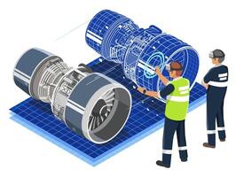 Engineers using virtual reality to interact with a digital twin of a jet engine for advanced diagnostics and predictive maintenance in industrial settings vector