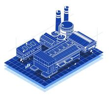Modern isometric illustration of a smart industrial factory complex with interconnected buildings chimneys and solar panels representing advanced manufacturing systems vector