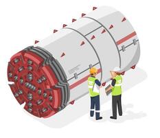 Tunnel boring machine with engineers supervising underground excavation process for infrastructure construction projects vector
