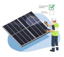 Engineer inspecting solar panels using a handheld thermal camera to detect hotspots and ensure optimal performance in a renewable energy system isometric vector
