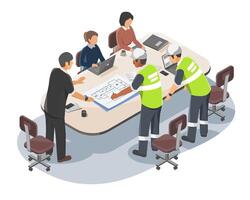 Engineers and office staff discussing architectural floor plan during project meeting at construction site office with laptops and technical documents on the table vector