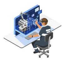 Engineer using augmented reality interface to design and simulate automated conveyor belt system for smart industrial manufacturing process vector