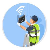 Professional technician installing a wireless WiFi router on a blue wall to provide high speed internet in a home or office environment vector