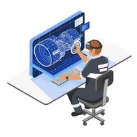 Engineer using virtual reality headset to inspect and design a digital turbine model for industrial maintenance and manufacturing innovation isometric vector