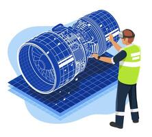Engineer using augmented reality headset to inspect and design a jet engine model for advanced maintenance and precision engineering on a digital interactive interface vector