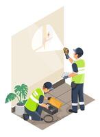 Two utility workers scanning wall for hidden electrical lines using thermal camera device and diagnostic tools in indoor safety inspection scene vector