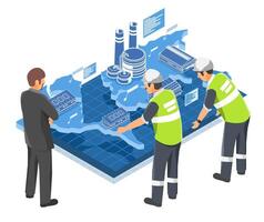 Industrial engineers analyzing smart factory logistics on a digital isometric map for efficient supply chain management and warehouse distribution planning vector