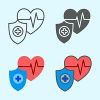 Heart with pulse and shield icon in outlined and colored style, symbolizing health protection and monitoring, best used for medical posters, app icons, or insurance visuals. vector