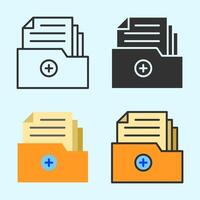 Organized flat icon of medical folder with documents and cross symbol, ideal for health record systems or patient archive visuals. vector