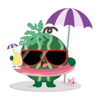 Cute And Happy Watermelon Fruit Cartoon Character Enjoying The Beach While Drinking Fresh Juice vector