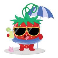 Cute And Happy Strawberry Fruit Cartoon Character Enjoying The Beach While Drinking Fresh Juice vector