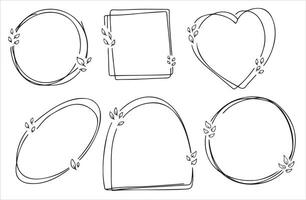 Floral line doodle frames in square, circle, and heart shapes with leafy ornament designs. Minimalist outline illustrations for invitations, cards, or projects vector