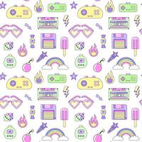 Seamless pattern with vintage Multicolored elements on white background. Retro illustration with outline in 90s style. illustration. vector