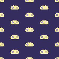 Seamless pattern with audio cassette and game pad. Multicolored elements on dark background. Retro illustration with outline in 90s style. illustration. vector