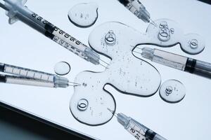 Syringes for injection and a drop of the drug in the tray. photo