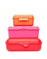 Set of plastic lunch boxes on white photo