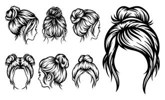 Collection of different black and white messy bun graphics vector