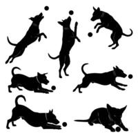 Set of dynamic dog silhouettes playing with balls in various action poses vector