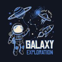 Playful cartoon astronaut holding a Saturn balloon, with a rocket and UFO in space vector