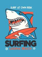 Stylized graphic of a menacing shark holding a surfboard in blue and orange vector