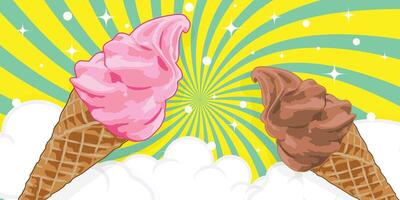 Strawberry and chocolate ice cream cone with spiral and cloud pattern background vector