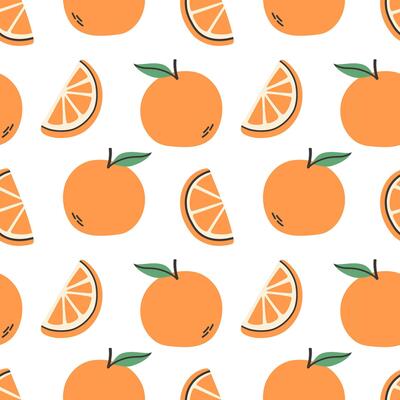 Orange summer pattern on white background. Simple seamless pattern with oranges and slices. design for greeting card and invitation of seasonal summer holiday