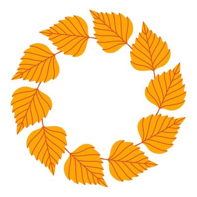 Simple yellow orange birch leaf circle frame. Cute wreath border of autumn leaves. Hello fall. seasonal illustration. Template for poster, postcard.