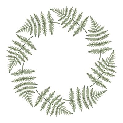 Simple blue fern leaf circle frame. Cute wreath border of autumn leaves. Hello fall. seasonal illustration. Template for poster, postcard.