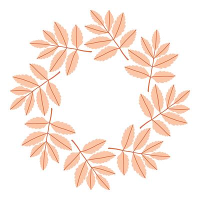 Simple pink rowan leaf circle frame. Cute wreath border of autumn leaves. Hello fall. seasonal illustration. Template for poster, postcard.