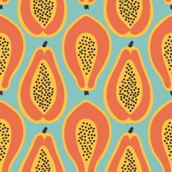 Papaya summer pattern on blue background. Simple seamless pattern with papayas. design for greeting card and invitation of seasonal summer holiday vector