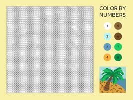 Kids puzzle, coloring by numbers with palm tree. Fun coloring and counting game, printable worksheet for children. vector
