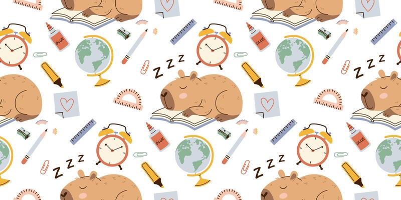 Seamless back to school pattern with cute sleeping capybaras, stationery and books in doodle style. Soft pastel and neutral colors. Perfect for childrens textiles, wrapping paper, and school supplies.